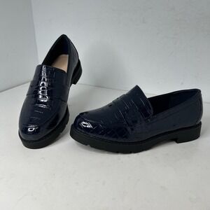 JF Danica Platform Y2K Penny Loafers Lug Sole Sz 9.5 Navy Faux Alligator Uppers